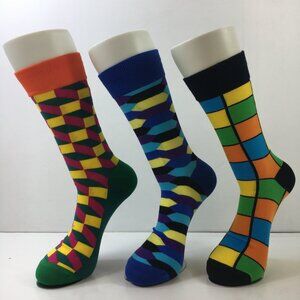 Mens Crew Socks Set 3 Geometric Pattern Blue Orange Green Black Yellow